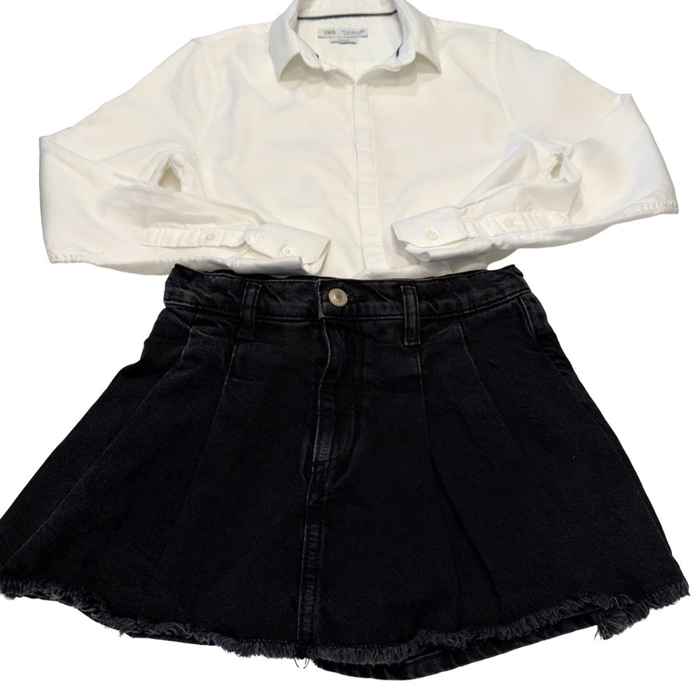 Zara Girls Outfit Black Denim Skort Sz10 & White Button Down Shirt Sz 11